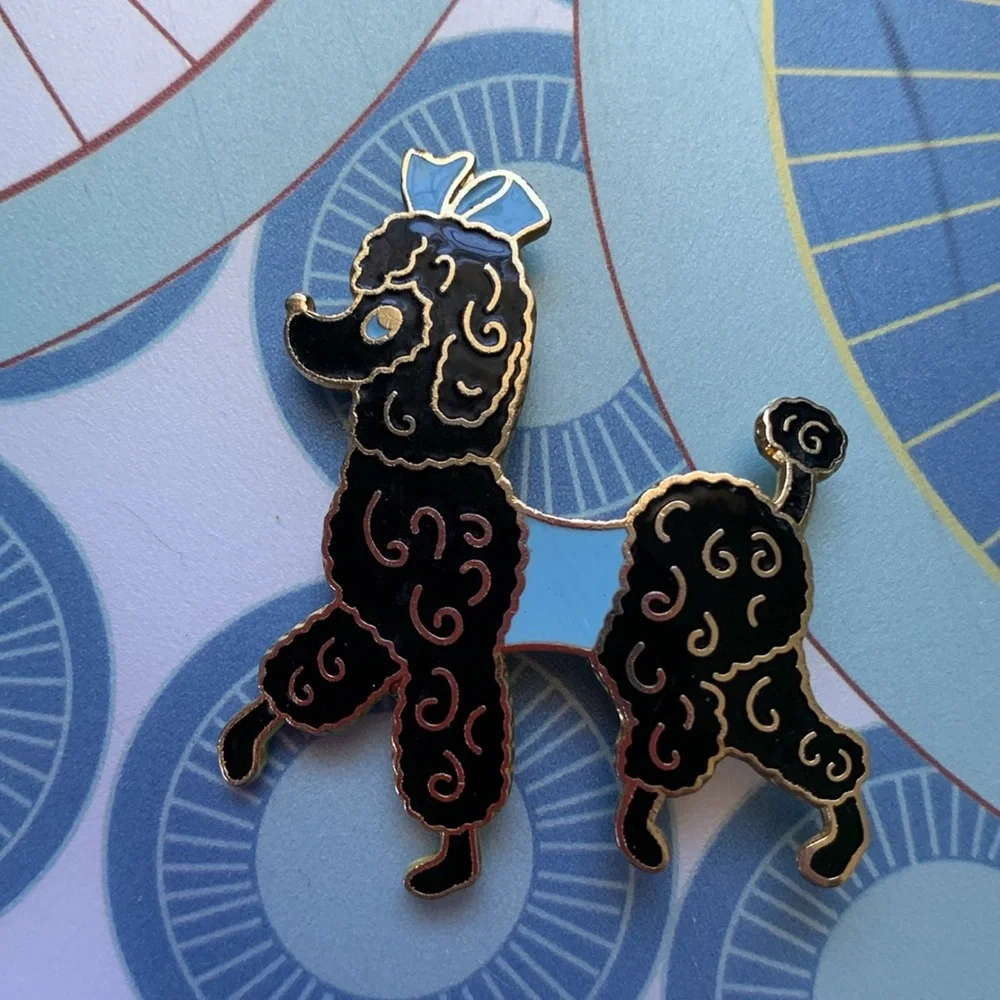 Fancy black French Poodle pin with blue eyes, sweater + bow EUC